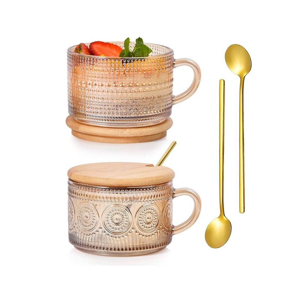 Embossed Glass Coffee Tea Mug‎ Set with Lid, Spoon and Wooden Coaster